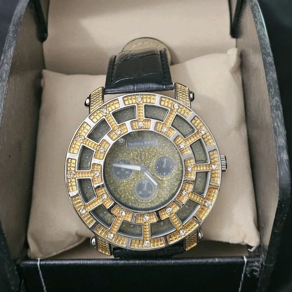 54.4mm Men's Chronograph Quartz Analog Watch Black Leatherette Strap w/case